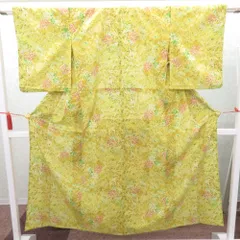ウール着物 単衣 イエロー系 草花柄 バチ衿 肩当・居敷当付き カジュアルきもの 普段着物 仕立て上がり ウールきもの 和洋ミックス