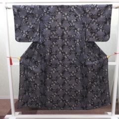 紬 着物 大島紬 ススキ模様 紺色xオレンジ色x多色 袷 広衿 正絹