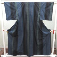 紬 着物 大島紬 ススキ模様 紺色xオレンジ色x多色 袷 広衿 正絹