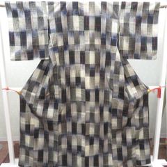 紬 着物 大島紬 ススキ模様 紺色xオレンジ色x多色 袷 広衿 正絹