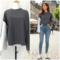 ZARA（ザラ）トップス USA Sサイズ 袖切替 グレー ホワイト ブルー 長袖 裏起毛 デザインスウェット ゆったり 幅広袖 カジュアル 人気 レディース