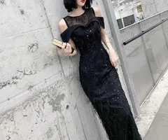 イブニングドレス パーティー オフショルダー 黒 ブラック スパンコール 発表会 ロングドレス