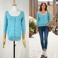 ZARA（ザラ） 水色 カーディガン 七分袖 ライトブルー Mサイズ レディース トップス 春夏 きれいめ 大人可愛い 薄手 羽織り シンプル 上品 コーデしやすい