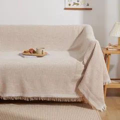 フリンジ付き リバーシブル おしゃれ 綿 保護カバー ブランケット 防塵 多機能 キズ防止 肘なし 肘付き 汚れ防止 ソファカバー 洗える マルチカバー 四季通用 北欧風 カーキ・ワッフル柄 ソファーカバー 90X180cm(1人掛け) Atokazo