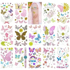 Fanoshonltd タトゥーシール 蝶 花 暗闇で光る 子供向け 14枚、男の子と女の子の蝶々 発光水転送ステッカー、100+一時的なこどもの発光 バタフライ フェイス・ボディシール 誕生日パーティー用品、キッズ仮装小道具 コスプレ小物 褒美シール し 0