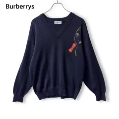 美品 Burberrys' バーバリーズ 希少 ゴルフ刺繍 Vネックニットセーター 上質 ウール100% 紺色 ネイビー メンズ Lサイズ ビンテージ カジュアル おしゃれ