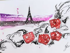 原画#31 薔薇 雪 エッフェル塔 パリ フランス 花 水彩画 ドローイング