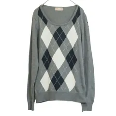 L【 アーガイルニットセーター 】グレーxホワイトxブラック 大きめのラウンドネック 長袖 春秋冬 S389