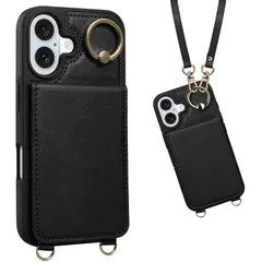 対応 iPhone 16 ケース 背面 手帳型 カードケース ショルダー ストラップ 手帳型ケース PUレザー 肩掛け ICカード収納 斜め掛け スタンド いPhone 16 アイホン あいほん 16 用 財布型 首掛け マグネット 6.1inch ブラック
