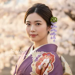 つまみ細工髪飾り　成人式　和婚　結婚式　卒業式　七五三　和装　白無垢　振袖　袴　ちりめん髪飾り　藤　藤の髪飾り　枝垂れ　OHANA