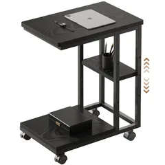 サイドテーブル キャスター付き ソファーテーブル コの字型ベッドサイドテーブル ソファテーブル 可移動 層板は調節可能 幅40×奥行29.5×高さ51.5cm(キャスター含む)黒い