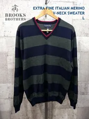 美品 ブルックスブラザーズ ボーダー柄 イタリアンメリノウール Vネック セーター L メンズ BROOKS BROTHERS