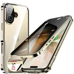 HGUTREY覗き見防止・自動ポップアップボタン iPhone17 用 ケース ロック付きストラップホール付き一体型レンズ保護 両面9H強化ガラス あいふぉん17ケース 耐衝撃 アルミ バンパー メタルフレーム スマホケース 薄型 背面クリア 高感度タッチ…