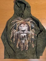 レインフォレスト カフェ ×THE MOUNTAIN  パーカー　カーキ　レゲエ　ライオン　アニマル　タイダイ　マウンテン　リキッドブルー　ボブマリー　ストリート