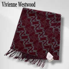 【タグ付き・未使用品】 ヴィヴィアン ウエストウッド マフラー メンズ ウール混 オーブ 総柄 ボルドー グレー フリンジ ストール 日本製