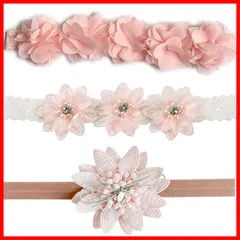 (ピンク) 3点セット 結婚式 お祝い 記念撮影 誕生日 出産祝い 新生児 女の子 ヘッドドレス レースバンド 髪飾り ヘアアクセサリー ゴ ベビー ヘアバンド