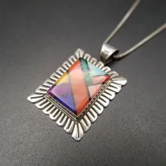 Quoc Turquoise Inc. Q.T モザイク柄 長方形フレーム 925 シルバー ヴィンテージ ペンダント ネックレス マルチストーン Y18-V