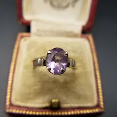 アメジストカラー オーバル ファセット 925 シルバー ヴィンテージ リング ソリテール 指輪 銀 レトロ エレガント Y18-V