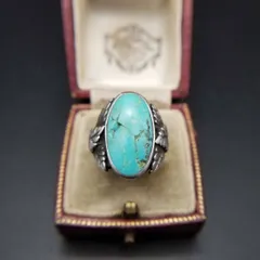 ターコイズ オーバルカット フローラル 925 シルバー ヴィンテージ リング 銀 指輪 植物モチーフ 葉っぱ サウスウェスタンジュエリー Y18-V
