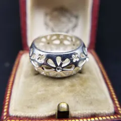 TMA パンチング 花 925 シルバー ヴィンテージ フラワー リング 透かし フローラル バンド 幅広 指輪 銀 オープンワーク CZ装飾 Y18-O