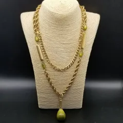 70's Sarah Coventry アボカドグリーン チャーム 2連 ゴールドチェーン ヴィンテージ ネックレス ロングペンダント ゴージャス Y18-T