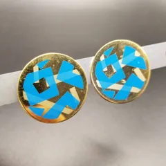 AVON モザイク柄 ブルーライン ラウンドプレート ヴィンテージ クリップイヤリング ゴールドトーン 大ぶり 存在感 Y18-W