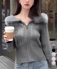 フード付きケーブル編みニットカーディガン