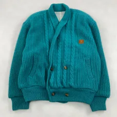 CELINE カーディガン マカダム レザーパッチ 毛足長い ケーブル L ターコイズ