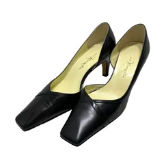 【美品】銀座かねまつ (22) パンプス スクエアトゥ サイドオープン ヒール 本革 レザー 希少デザイン