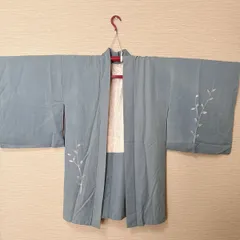 き784】羽織　灰青色　草花文様　刺繍入り 着物 女性用 リメイク素材にも