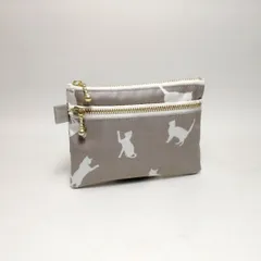 猫シルエット柄グレー　総柄DFミニ　ダブルファスナー　ミニポーチ　ラミネート
