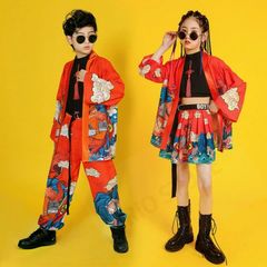 キッズ ダンス衣装 オレンジ セットアップ チャイナ風 女の子 男の子 チアガール へそ出し スカート パンツ 子供服 ヒップホップ 中華風 おしゃれ ジャズダンス 3点セット カッコイイ hiphop jazz ストリート ダンスウェア ステージ衣装 演出服
