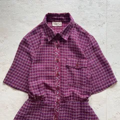 昭和レトロ古着好きにおすすめパープルチェック×小花柄の個性派ロングワンピースH2