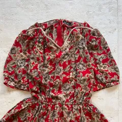 昭和レトロ花柄ロングワンピース半袖ウエストゴム付き大人可愛い夏に映える赤 W1