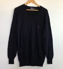 90s ポロラルフローレン Vネックニットセーター 赤ポニー レディース L ネイビー 4041202511290018
