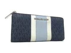 MICHAEL KORS マイケルコース MK柄 PVC×レザー L字ファスナー 長財布 ウォレット 小銭入れ 札入れ ネイビー系×シルバー系 DK9060