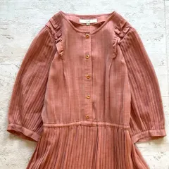 昭和レトロ大人可愛いロングワンピース前ボタン 切替ピンク七分袖ナチュラル素材U1