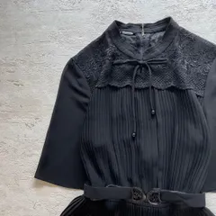上品ブラックロングワンピースレース×プリーツベルト付フォーマル対応大人可愛いq1