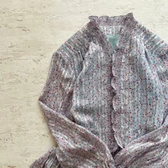昭和レトロ小花柄長袖ロングワンピースフリルネック透け素材スカイブルー11号T1