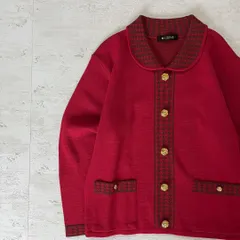 昭和レトロカーディガン風襟付きニットゆったり千鳥格子レッドフリーサイズ