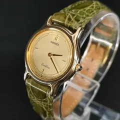 810-7　美品　SEIKO　セイコー　EXCELINE　エクセリーヌ　ゴールド　グリーン　レザー　leather　band　バンド　men's　メンズ　男性　クォーツ　quartz　電池式　グリーン　レザー　7320-0350