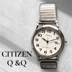 シチズン Q&Q Falcon ファルコン デイト アナログ 文字盤 ホワイト メンズ腕時計 エクスパンションバンド メタルバンド 稼働品 クォーツ 電池新品交換済