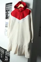 W(S) ビーンポール フード付きTシャツ フリース ハーフジップ ワンピース-1656F