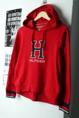 W(XS) Tommy Hilfiger トミーヒルフィガー フード付きTシャツ ビックロゴ レッド 起毛 Y2K-16571