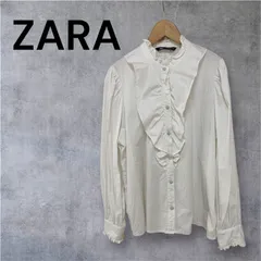 ZARA フリルシャツ キラキラボタン ビジュー 長袖白シャツ ハイネック ホワイト Lサイズ