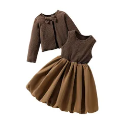 女の子 ワンピースセット 2025新作 コーデュロイジャケット＋切り替えロングワンピース キッズドレス プリンセス風 3?10歳