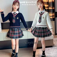 韓国子供服 セットアップ 女の子 制服 学院風 春秋 フォーマル 2点セット 入学式 卒業式 演出 発表会 七五三 受験用 記念日 キッズ ガールズ 上下セット セーター + チェック柄スカート オシャレ お出かけ 通学着 ネイビー ホワイト