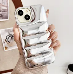 SALE ダウンジャケット風 スマホケース iPhone14 14pro 14promax シルバー 韓国  メタリック 保護