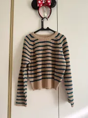 ベージュ/ターコイズ ストライプ ニット