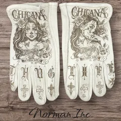 牛革　レザーグローブ　ホワイト　白　アメリカン　バイク　ハーレー　カスタム　タトゥー　手袋　ツーリング　 M,Lサイズ